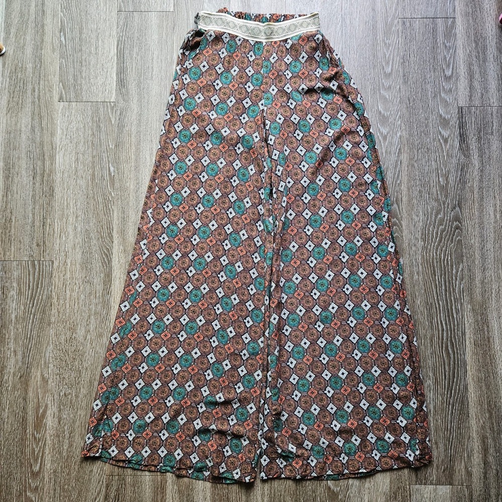 NIDODILEDA Bohemian Wide Leg Pants Geometric Pattern Elastic Waist Women's